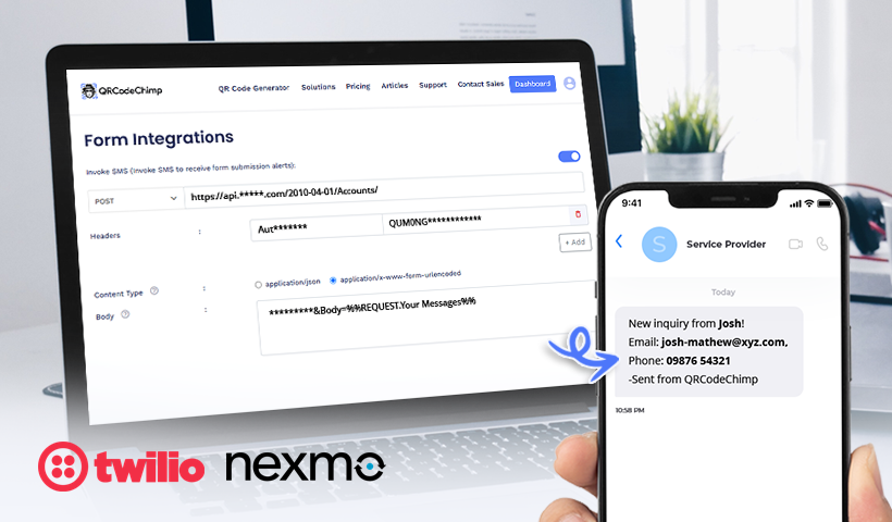 Form integration dashboard triggering instant SMS lead notifications via Twilio and Nexmo.