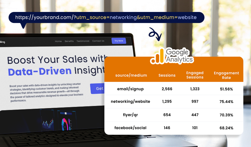 UTM-sporet QR-kodetrafikk visualisert i Google Analytics med engasjementsmålinger.