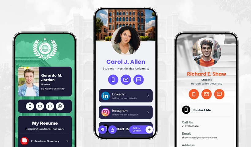 Three smartphone screens displaying different student digital business card designs.