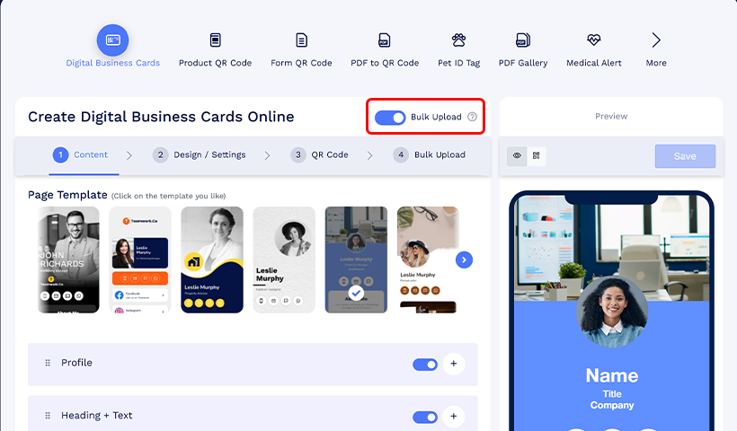 Dashboard view with the Digital Business Cards option selected with Bulk Upload toggle on.