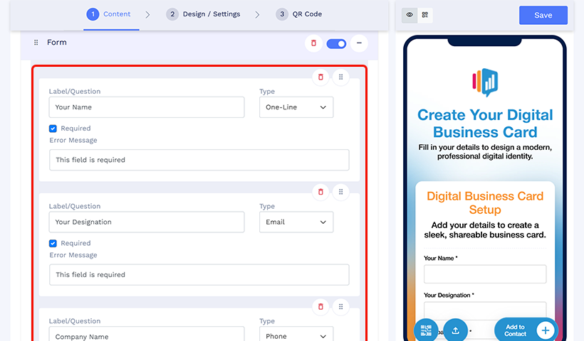 Form builder displaying required input fields such as name and designation.
