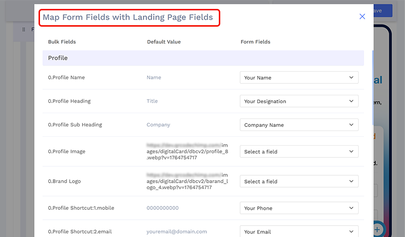Field mapping window showing how form fields are mapped to digital business card profile fields.