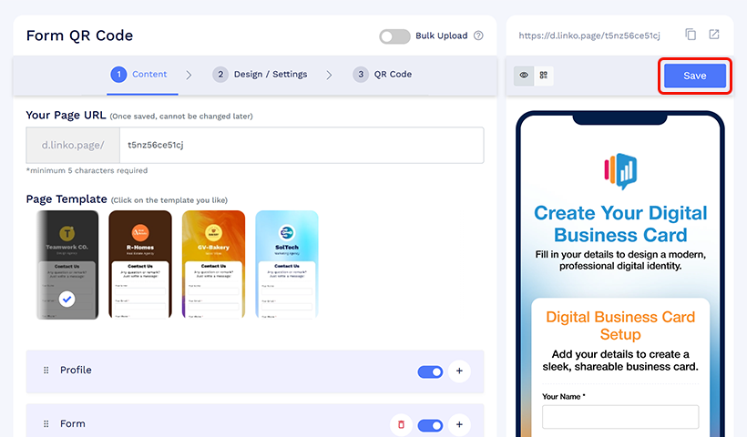 Save button shown on the Form QR Code configuration screen.
