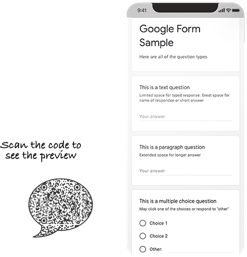 Google Forms QR-koodiesimerkkisivu, jossa on demo QR-koodi