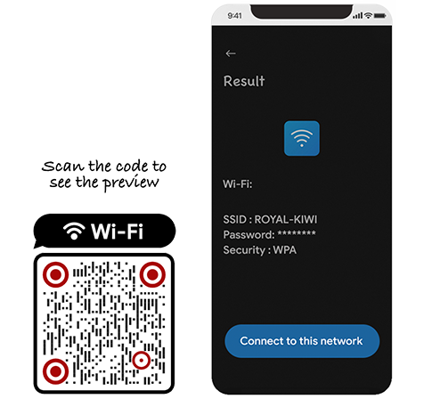 Trang hiển thị mẫu mã QR WiFi với mã QR demo