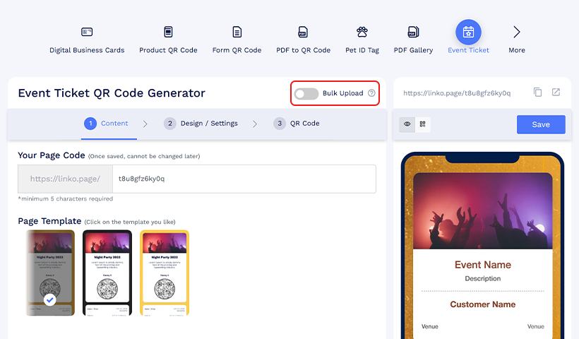 QRCodeChimp event ticket QR code generator with bulk upload option enabled
