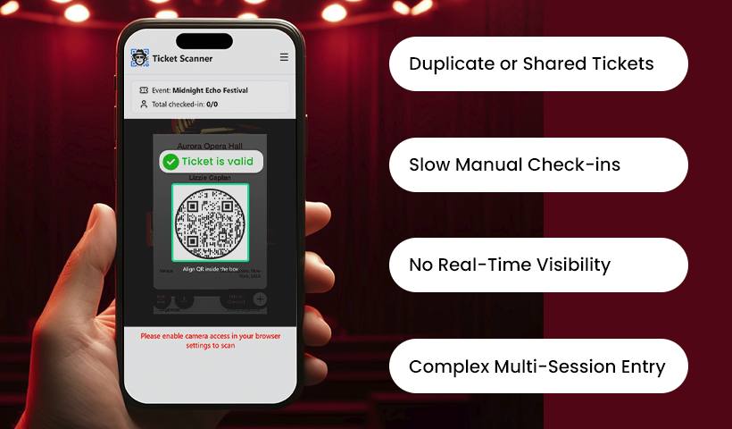 Event ticket scanner showing valid QR code with common check-in challenges listed