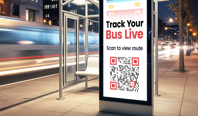 Bus stop display with QR code to track a bus route live.