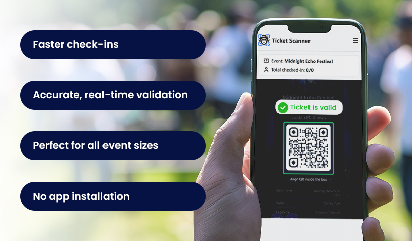 Event ticket validator app highlighting fast check-ins, real-time QR validation, and no app installation