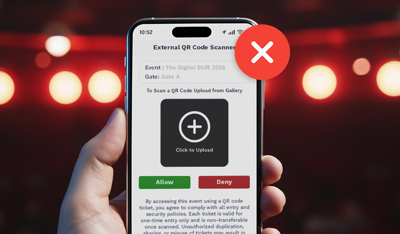 Phone screen showing an external QR code upload scanner with a red error icon.