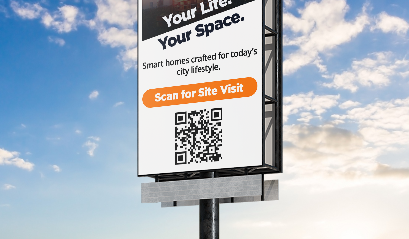 Billboard advertisement with QR code promoting smart city homes.