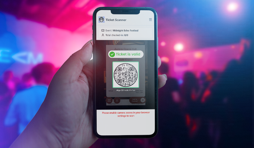Mobile phone validating event ticket QR code at venue entrance