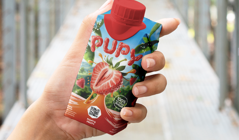 Fruit juice pouch with QR code on packaging for product details and promotions