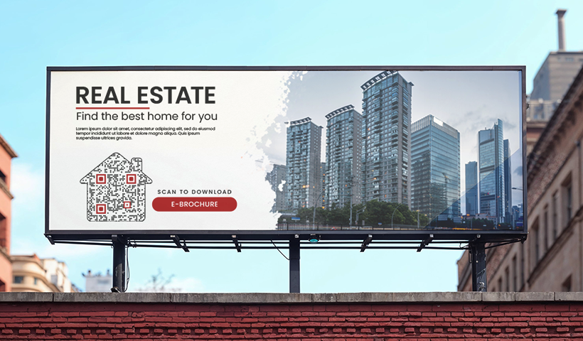 QR code on real estate billboard opening property details on a smartphone.